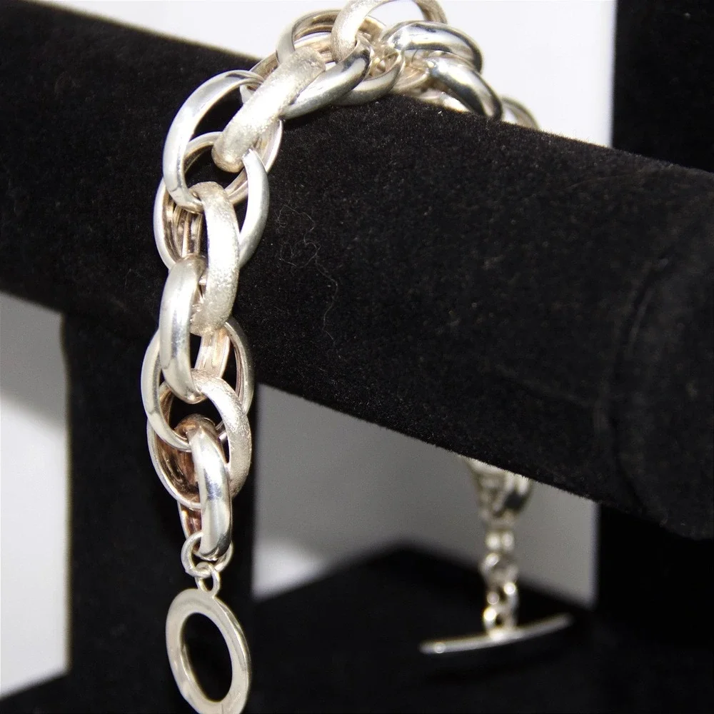 Heavy Italian Sterling Silver 925 Chunky Textured Link Toggle Bracelet